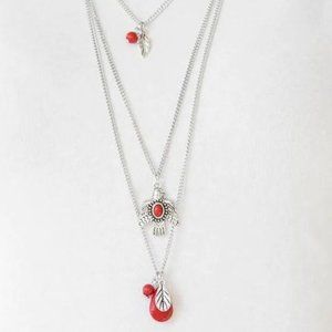 Necklace, Red Beads, Charms, Silver Chain
